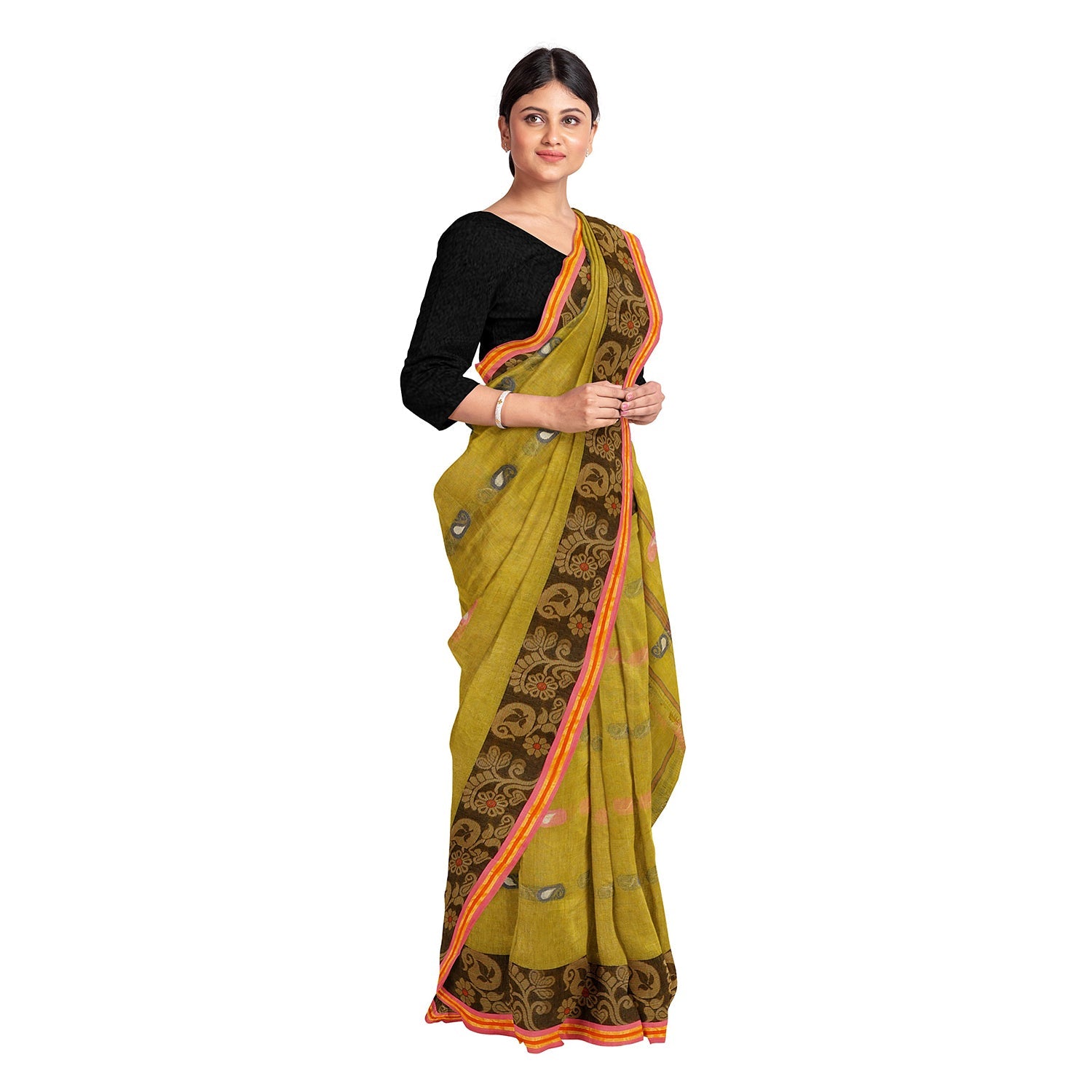 Exclusive Collection 100% Pure Cotton Olive Tant Saree With Hand Weaving Work - Swadesiicart
