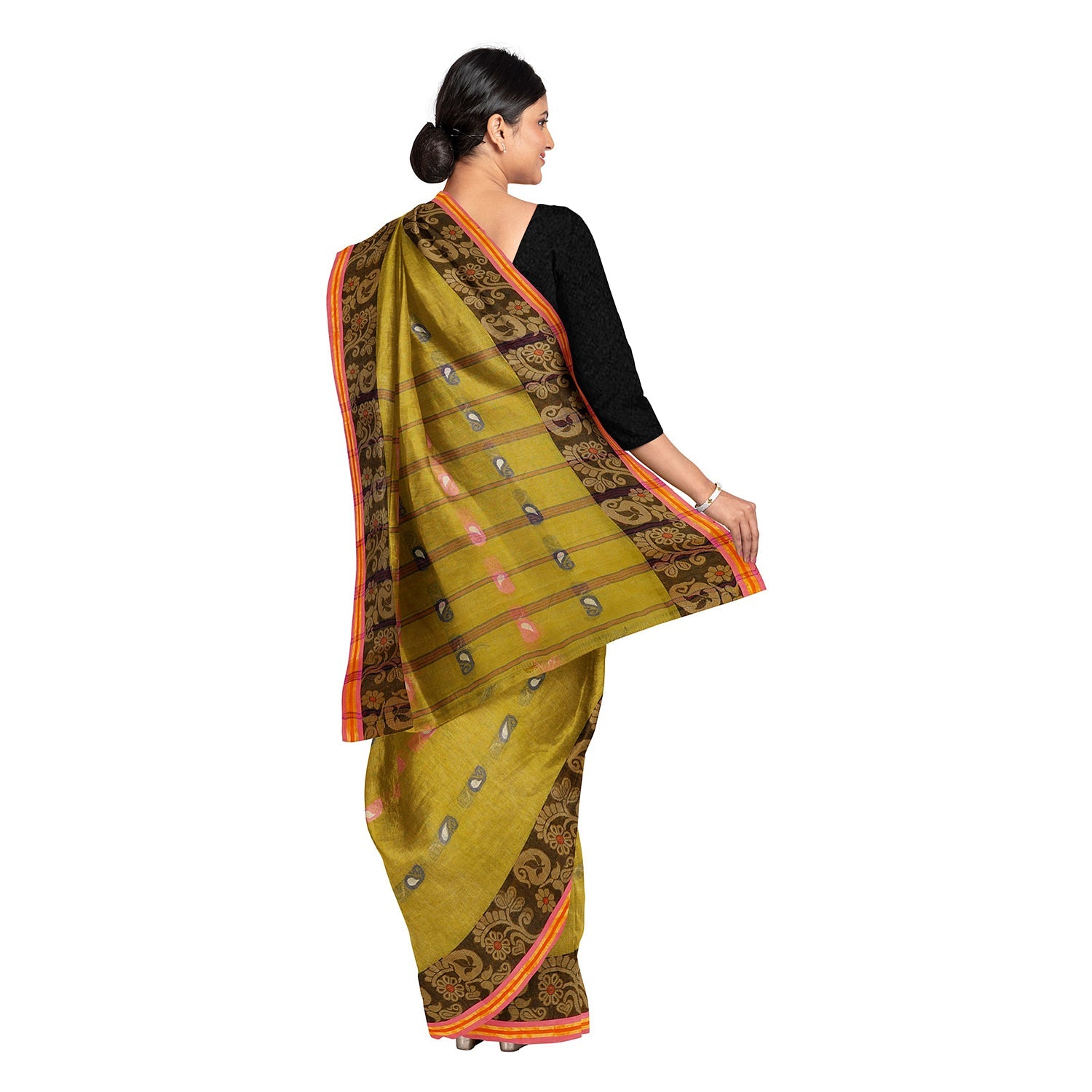 Exclusive Collection 100% Pure Cotton Olive Tant Saree With Hand Weaving Work - Swadesiicart