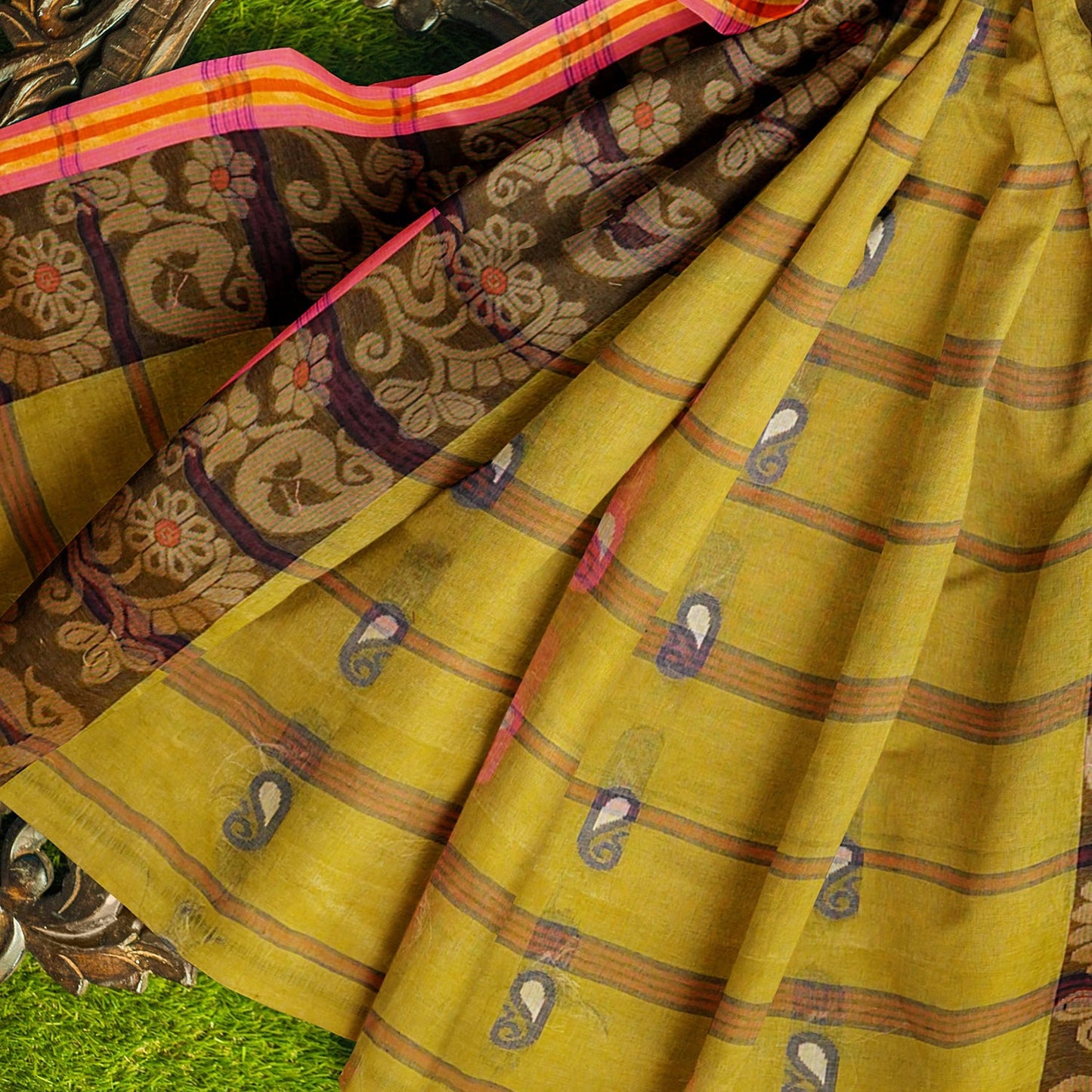 Exclusive Collection 100% Pure Cotton Olive Tant Saree With Hand Weaving Work - Swadesiicart