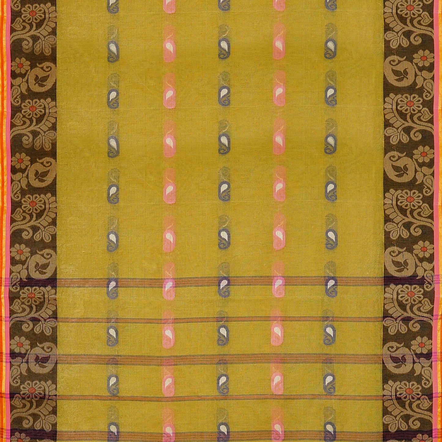 Exclusive Collection 100% Pure Cotton Olive Tant Saree With Hand Weaving Work - Swadesiicart