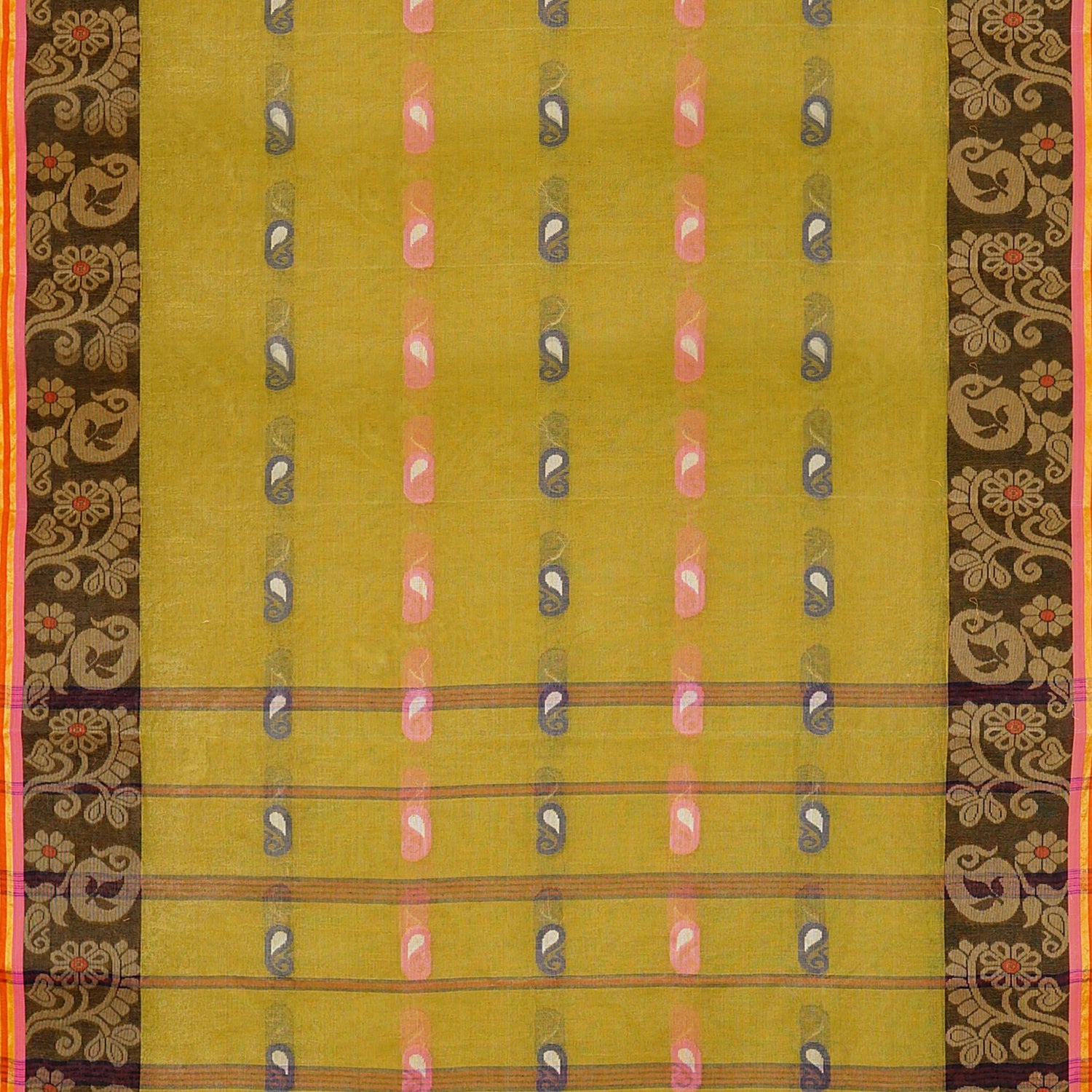 Exclusive Collection 100% Pure Cotton Olive Tant Saree With Hand Weaving Work - Swadesiicart
