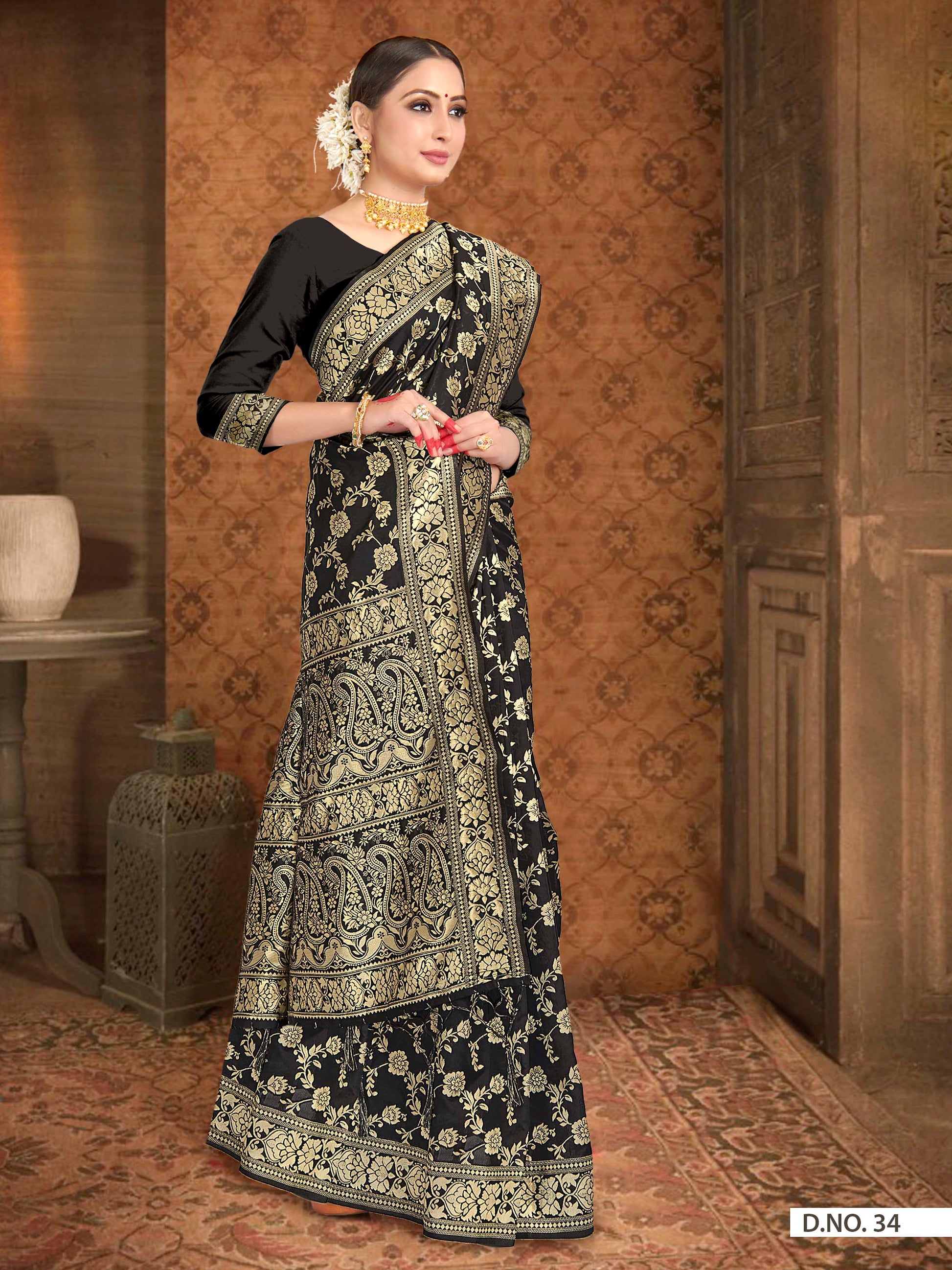 Vardha Black Woven Zari Jaal Banarasi Saree | Swadesiicart