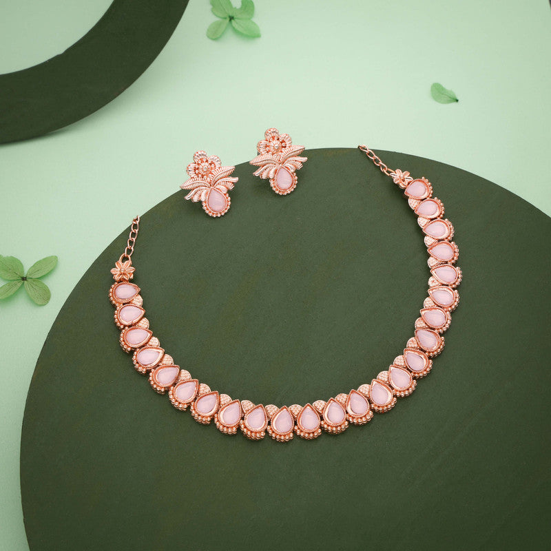 Tehzeeb Creationss Rose Gold Polish Baby Pink Colour Necklace With Pair Of Earrings - Swadesiicart