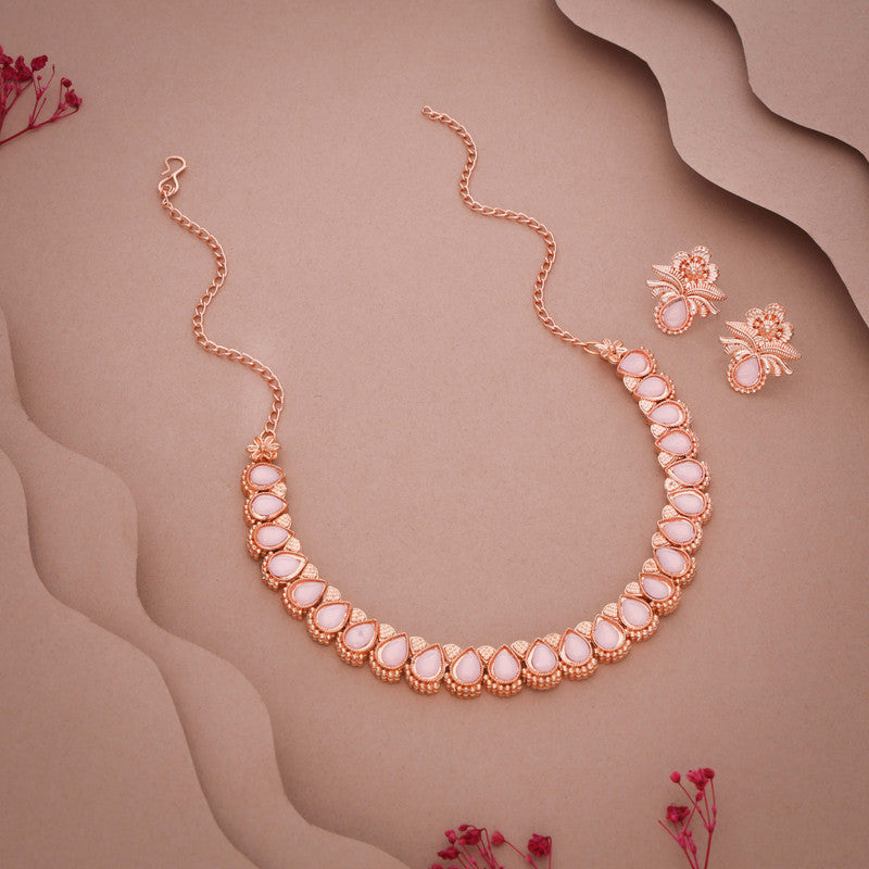 Tehzeeb Creationss Rose Gold Polish Baby Pink Colour Necklace With Pair Of Earrings - Swadesiicart
