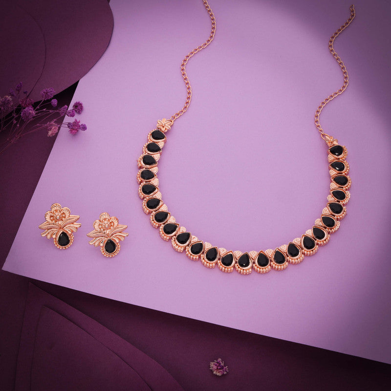 Tehzeeb Creationss Rose Gold Polish Black Colour Necklace With Pair Of Earrings - Swadesiicart