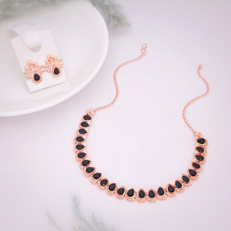 Tehzeeb Creationss Rose Gold Polish Black Colour Necklace With Pair Of Earrings - Swadesiicart