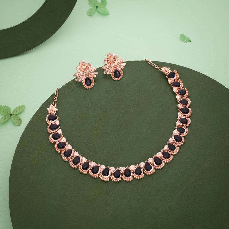 Tehzeeb Creationss Rose Gold Polish Black Colour Necklace With Pair Of Earrings - Swadesiicart