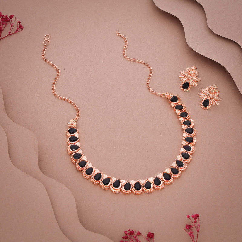 Tehzeeb Creationss Rose Gold Polish Black Colour Necklace With Pair Of Earrings - Swadesiicart