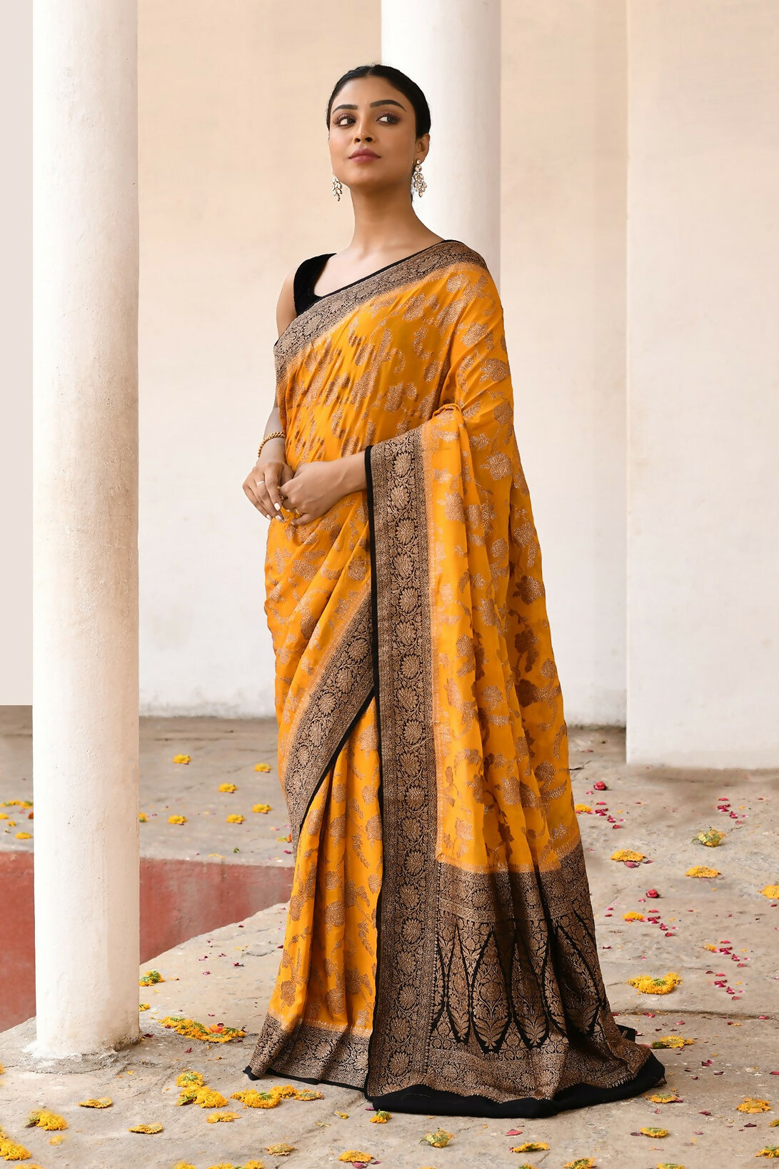 Joban Fashion Yellow Crepe Chiffon Pure Handloom Banarasi Silk Saree | Swadesiicart