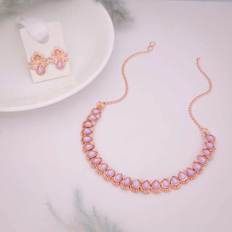Tehzeeb Creationss Rose Gold Polish Lavender Colour Necklace With Pair Of Earrings - Swadesiicart