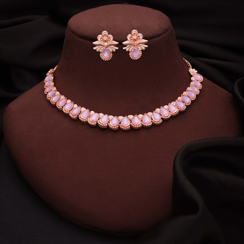 Tehzeeb Creationss Rose Gold Polish Lavender Colour Necklace With Pair Of Earrings - Swadesiicart