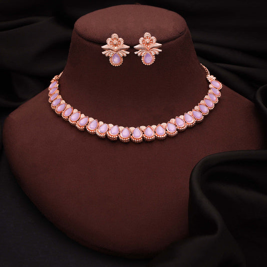 Tehzeeb Creationss Rose Gold Polish Lavender Colour Necklace With Pair Of Earrings - Swadesiicart