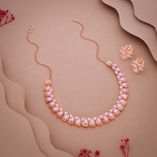 Tehzeeb Creationss Rose Gold Polish Lavender Colour Necklace With Pair Of Earrings - Swadesiicart