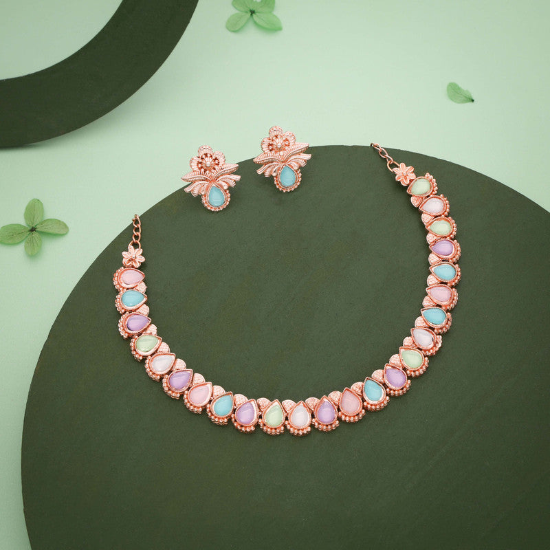 Tehzeeb Creationss Rose Gold Polish Multi Colour Necklace With Pair Of Earrings - Swadesiicart