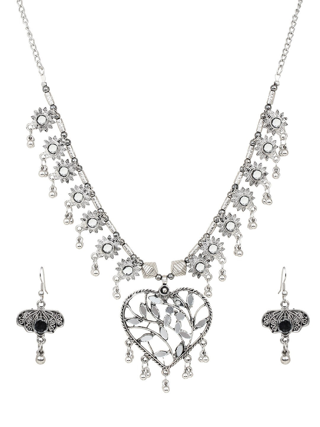 Cardinal Women Silver-Toned Oxidised Stone Studded & Beaded Heart Shaped Jewellery Set - Swadesiicart