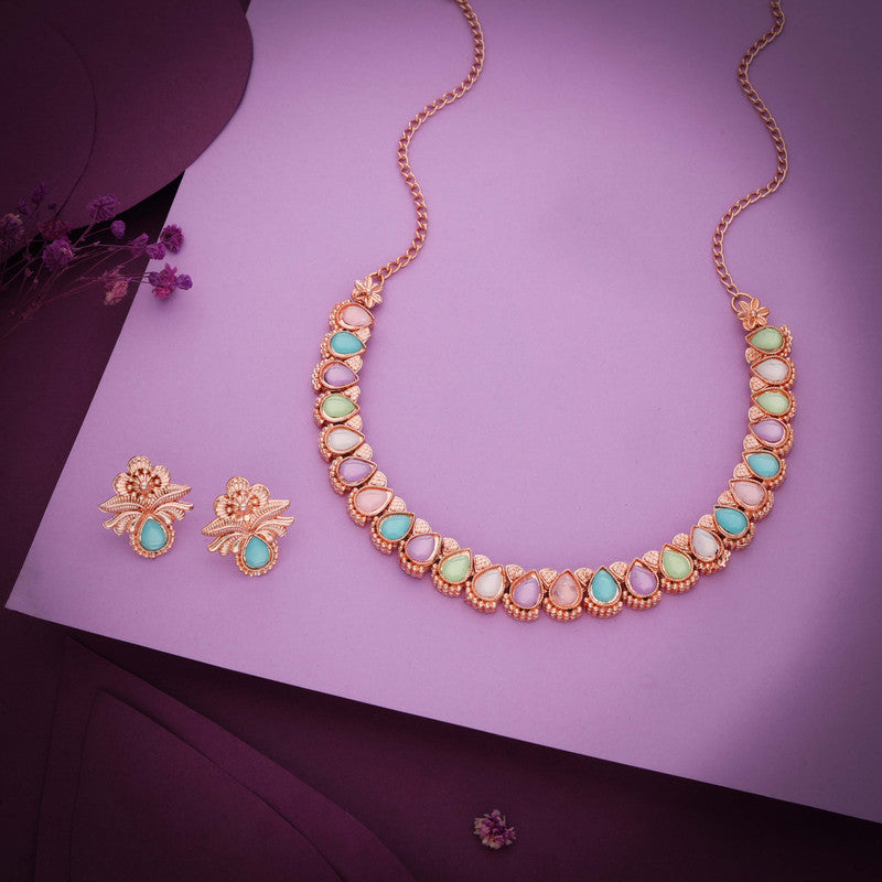 Tehzeeb Creationss Rose Gold Polish Multi Colour Necklace With Pair Of Earrings - Swadesiicart