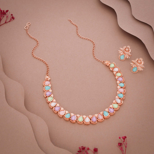 Tehzeeb Creationss Rose Gold Polish Multi Colour Necklace With Pair Of Earrings - Swadesiicart