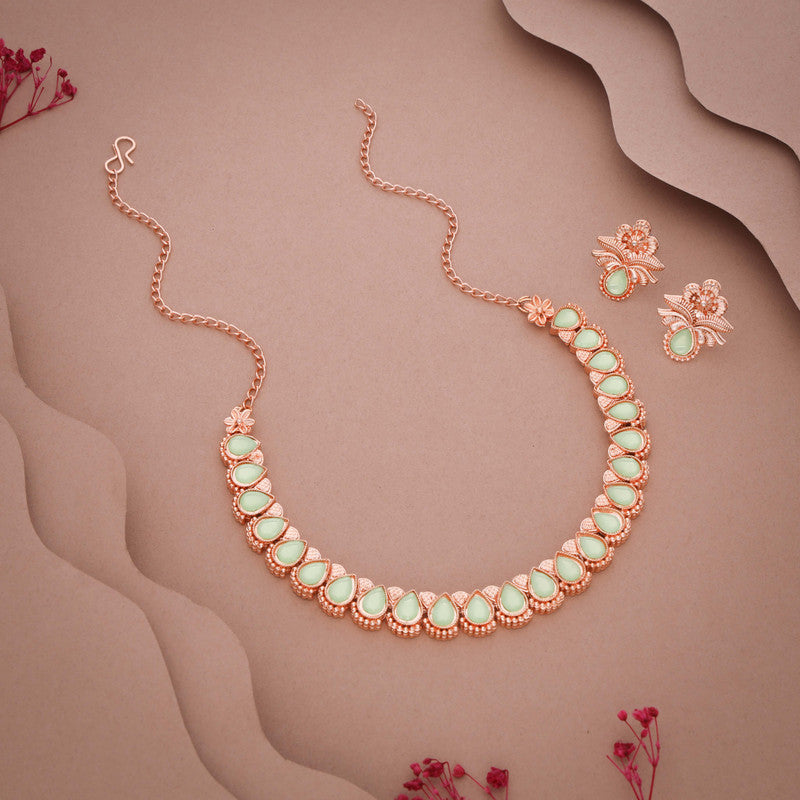 Tehzeeb Creationss Rose Gold Polish Sea Green Colour Necklace With Pair Of Earrings - Swadesiicart