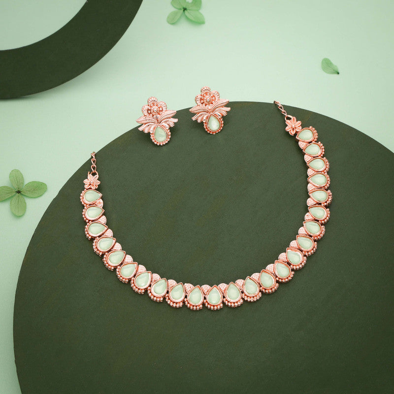 Tehzeeb Creationss Rose Gold Polish Sea Green Colour Necklace With Pair Of Earrings - Swadesiicart