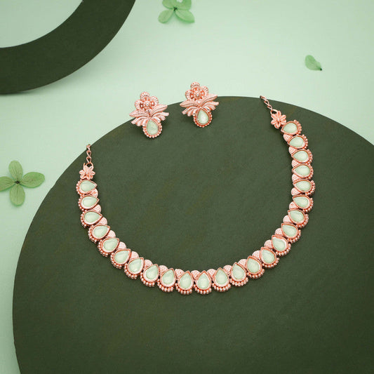 Tehzeeb Creationss Rose Gold Polish Sea Green Colour Necklace With Pair Of Earrings - Swadesiicart