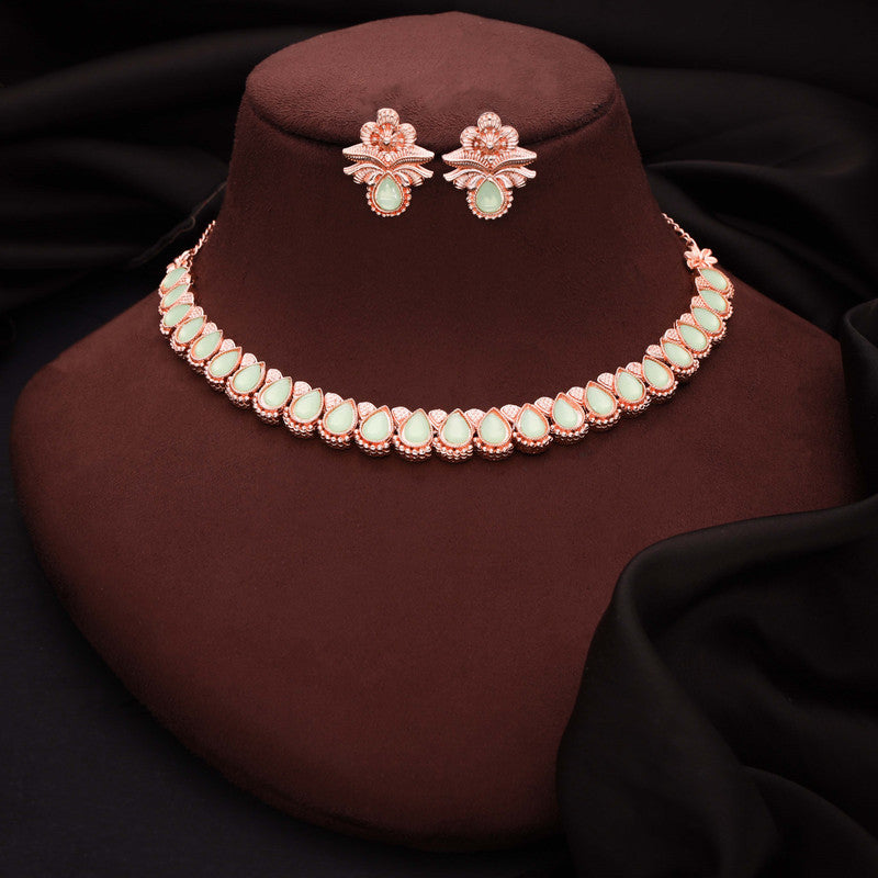 Tehzeeb Creationss Rose Gold Polish Sea Green Colour Necklace With Pair Of Earrings - Swadesiicart