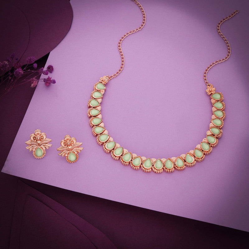 Tehzeeb Creationss Rose Gold Polish Sea Green Colour Necklace With Pair Of Earrings - Swadesiicart