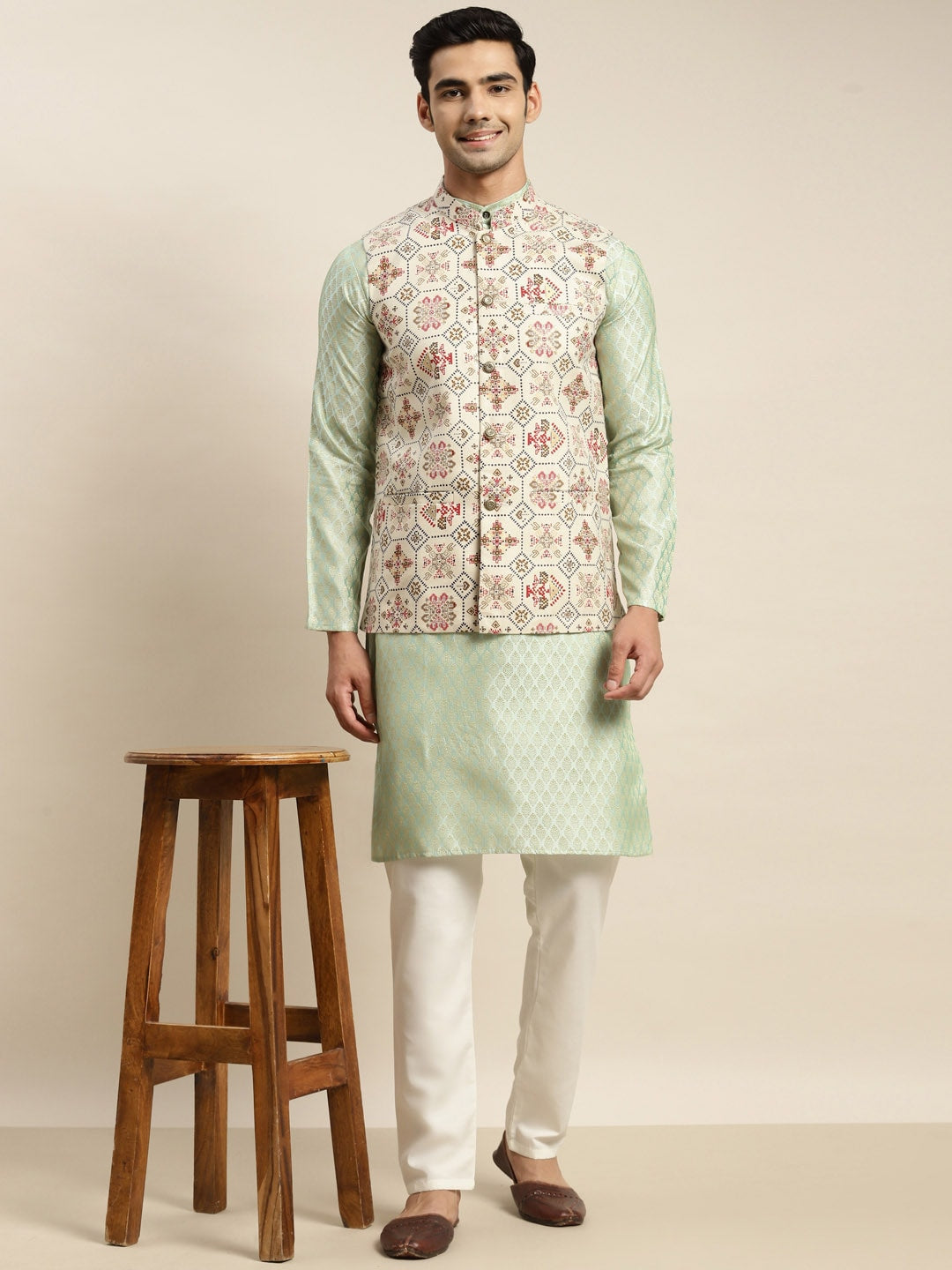 Sojanya Men Green Ethnic Motifs Woven Design Kurta & Churidar Comes With a Nehru Jacket | Swadesiicart