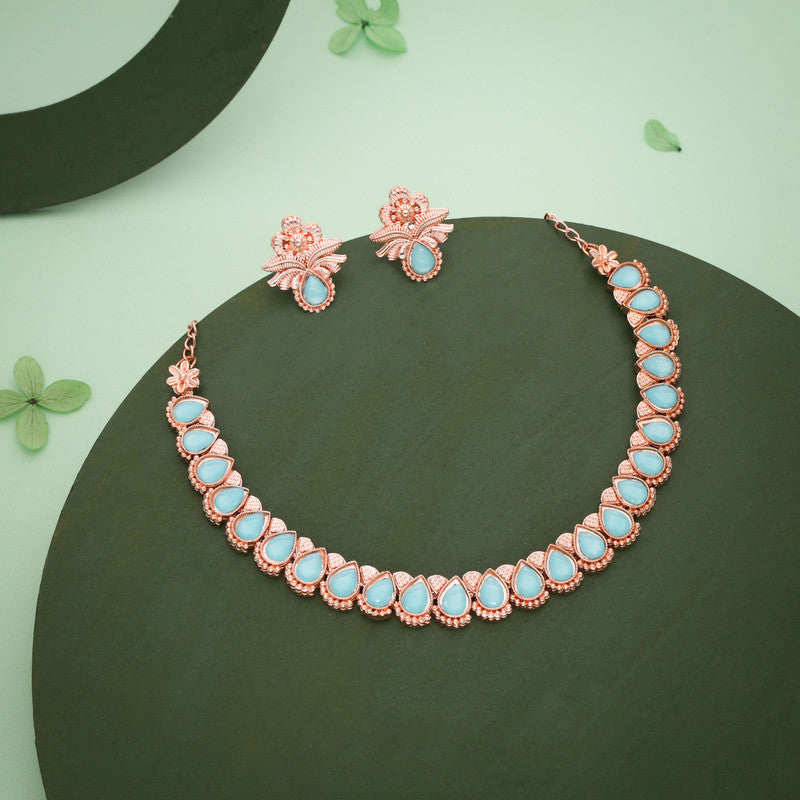 Tehzeeb Creationss Rose Gold Polish Sky Blue Colour Necklace With Pair Of Earrings - Swadesiicart