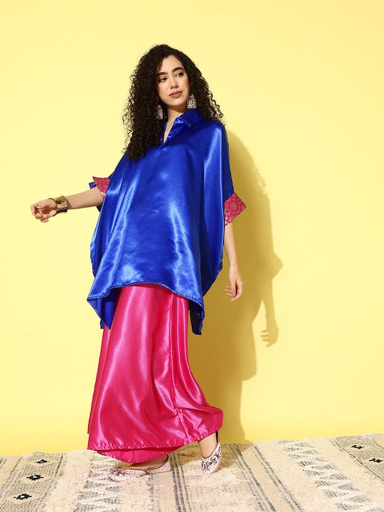 InWeave Women's Blue Pink Brocade Satin Boho Kurta Pink Palazzo Set - Swadesiicart