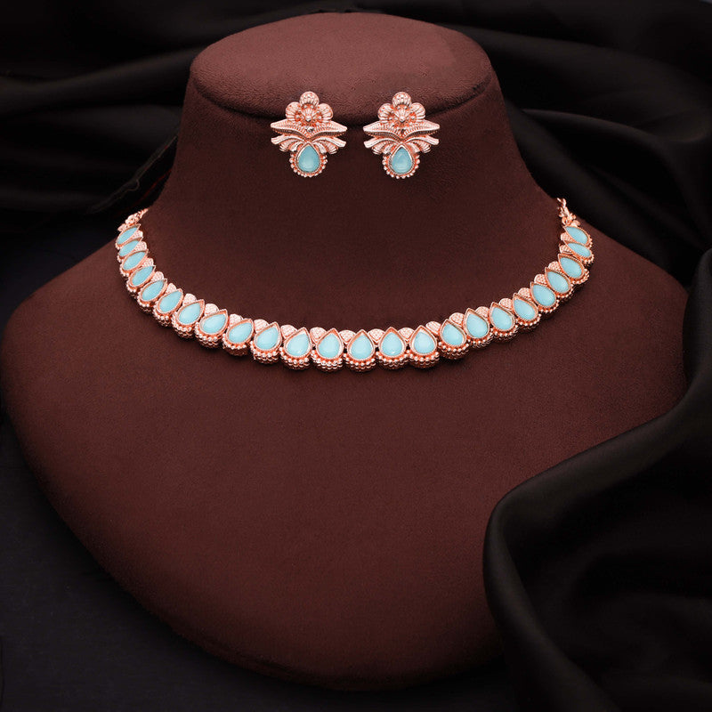 Tehzeeb Creationss Rose Gold Polish Sky Blue Colour Necklace With Pair Of Earrings - Swadesiicart