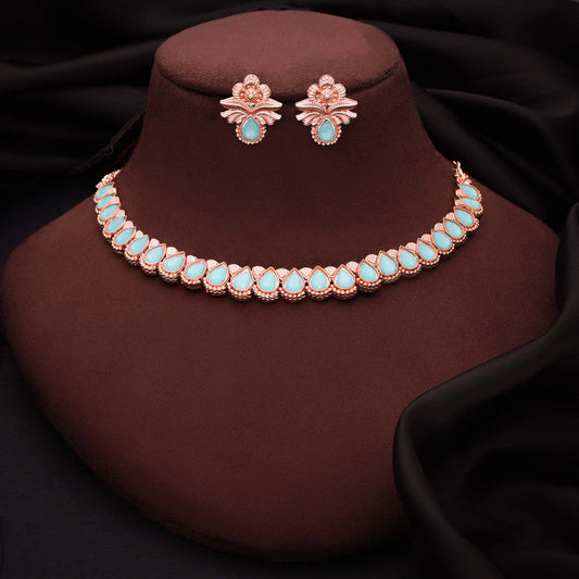 Tehzeeb Creationss Rose Gold Polish Sky Blue Colour Necklace With Pair Of Earrings - Swadesiicart