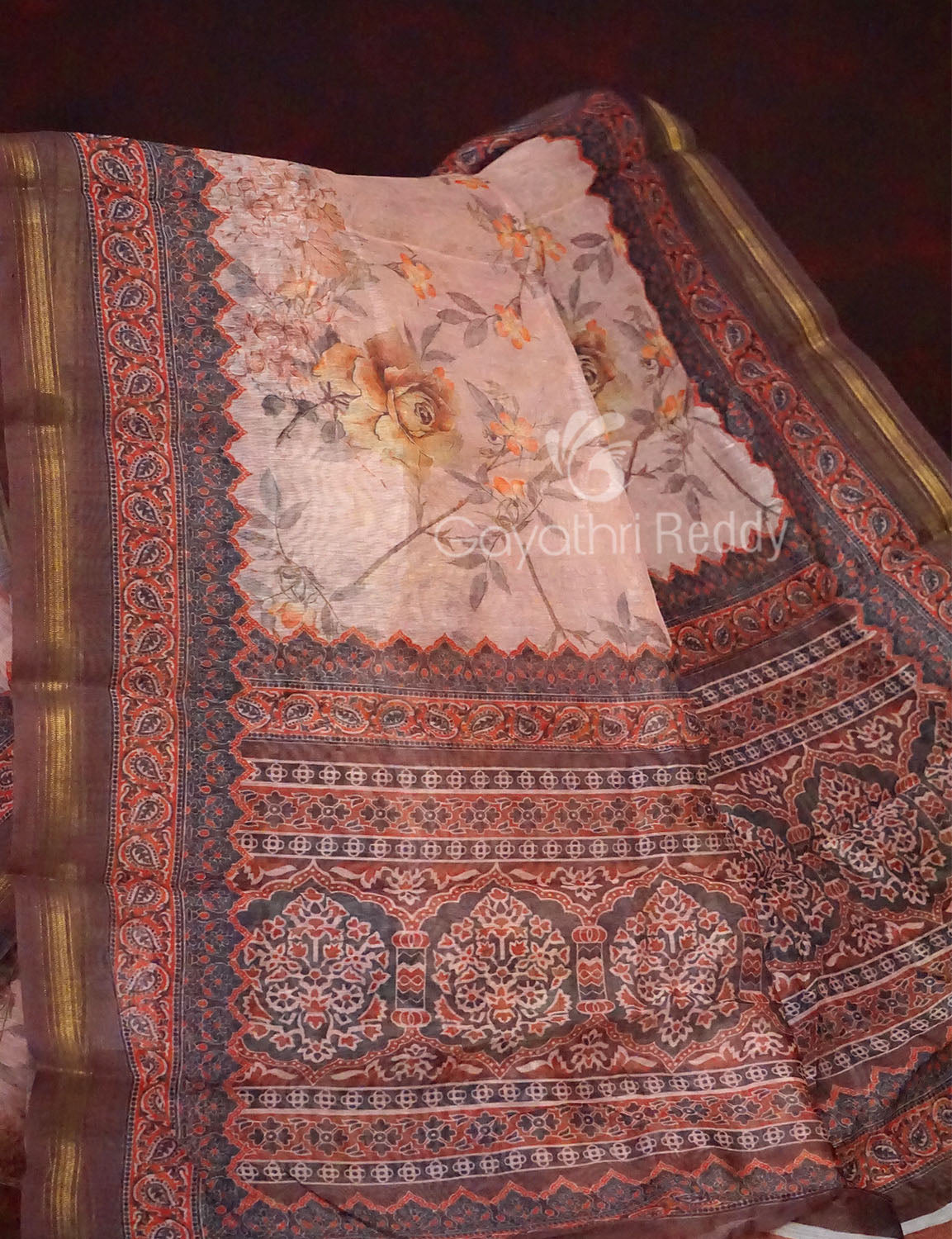 Light Brown Colour Print Design Semi Chanderi Saree By Gayathri Reddy Designer Studio | Swadesiicart