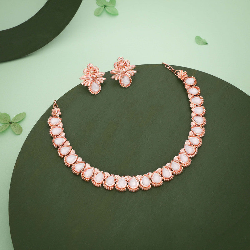 Tehzeeb Creationss Rose Gold Polish White Colour Necklace With Pair Of Earrings - Swadesiicart