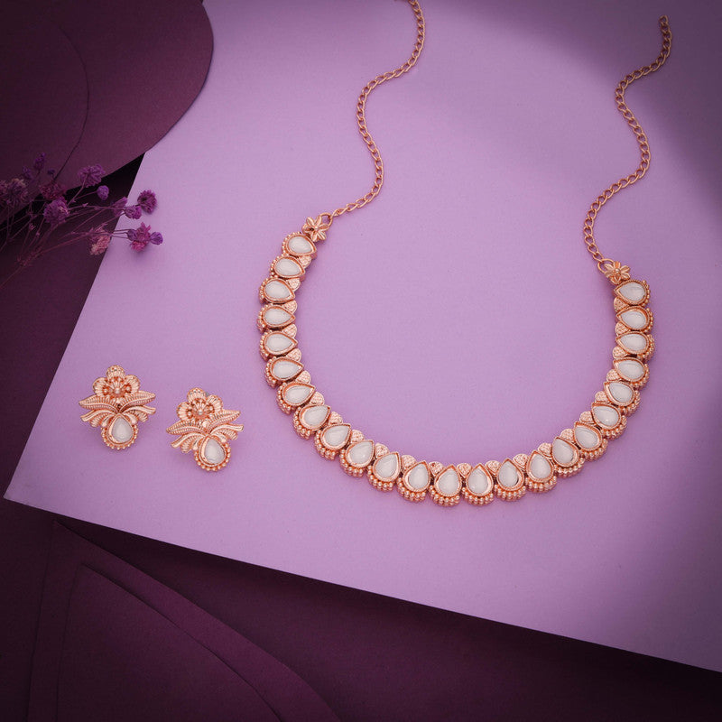 Tehzeeb Creationss Rose Gold Polish White Colour Necklace With Pair Of Earrings - Swadesiicart