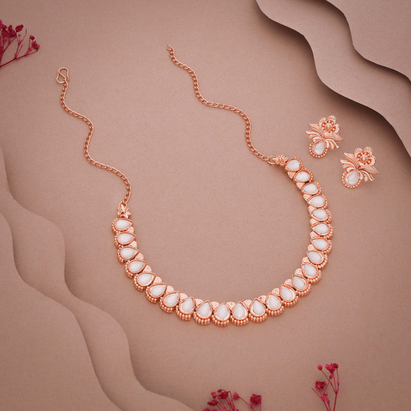 Tehzeeb Creationss Rose Gold Polish White Colour Necklace With Pair Of Earrings - Swadesiicart