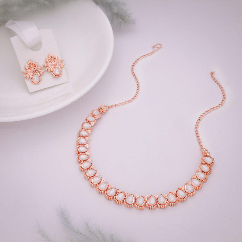 Tehzeeb Creationss Rose Gold Polish White Colour Necklace With Pair Of Earrings - Swadesiicart
