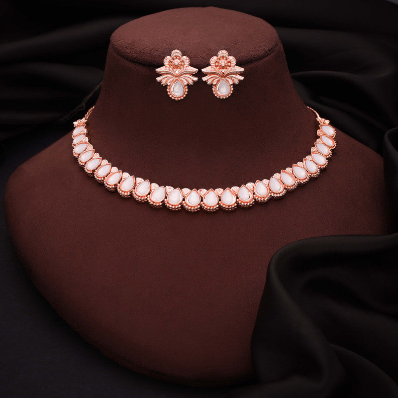 Tehzeeb Creationss Rose Gold Polish White Colour Necklace With Pair Of Earrings - Swadesiicart