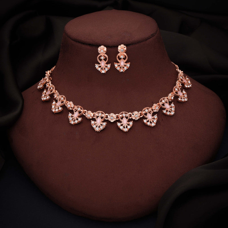 Tehzeeb Creations Gold-Polished Baby Pink Colour Necklace With Earrings - Swadesiicart