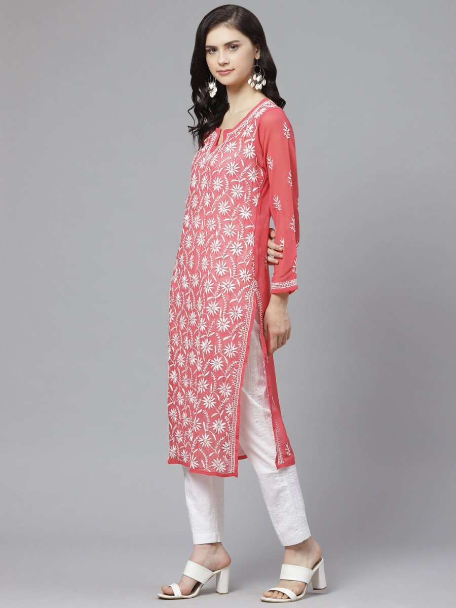 ADA Women Pink & White Chikankari Embroidered Sustainable Handloom Kurta with Trousers | Swadesiicart