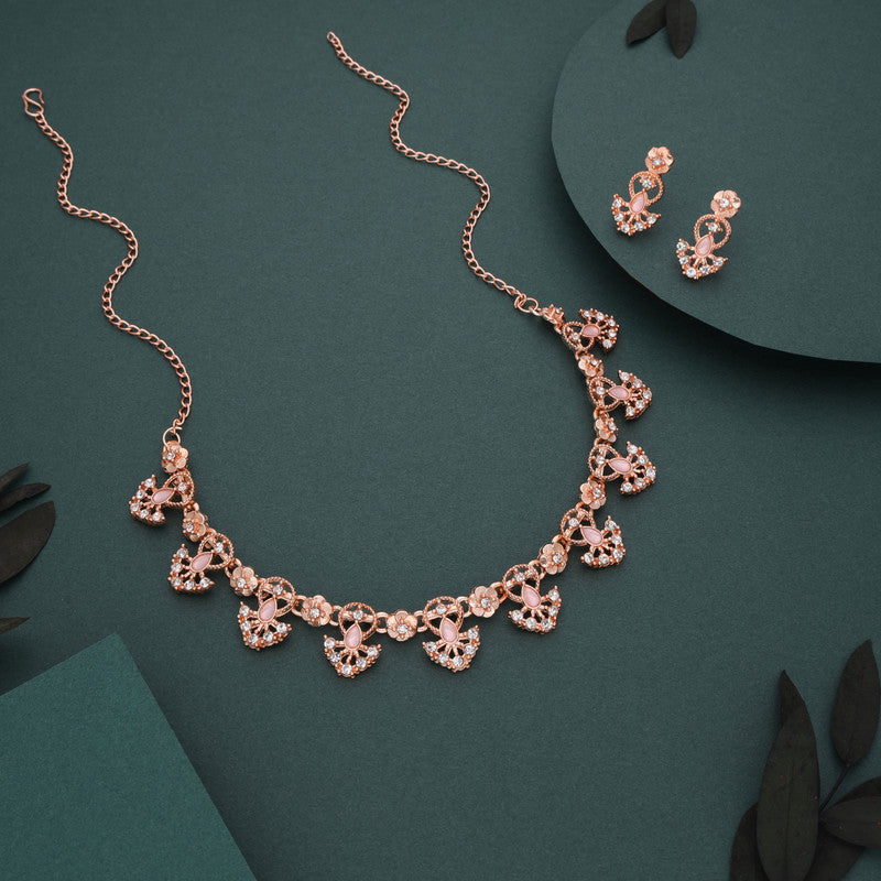 Tehzeeb Creations Gold-Polished Baby Pink Colour Necklace With Earrings - Swadesiicart