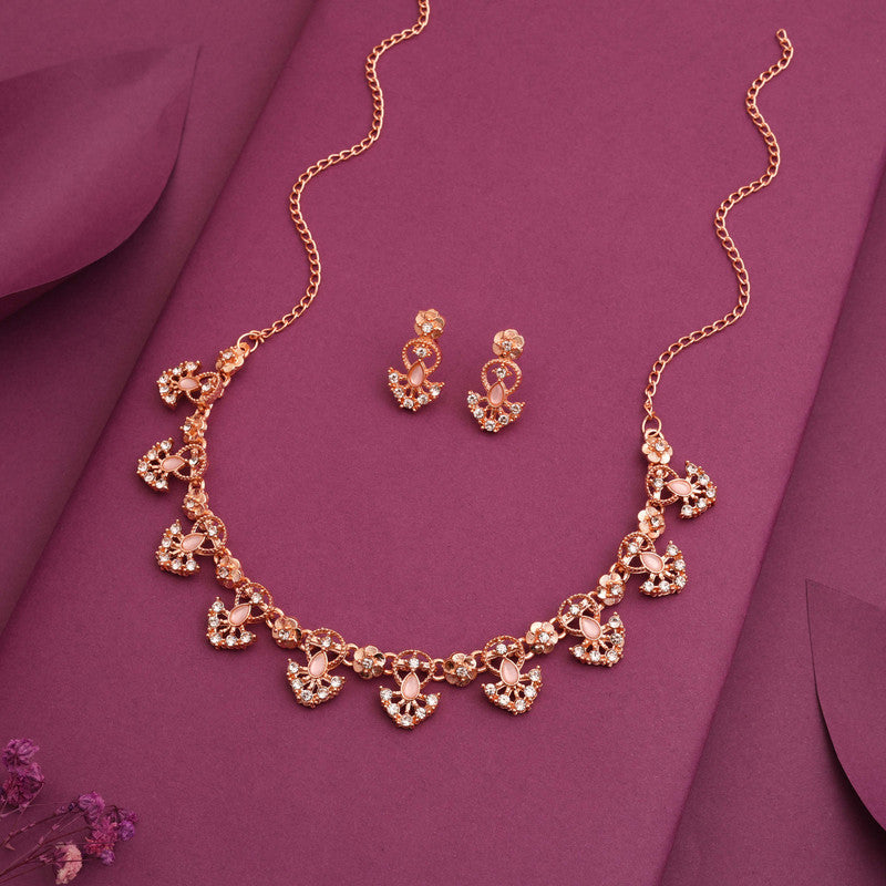 Tehzeeb Creations Gold-Polished Baby Pink Colour Necklace With Earrings - Swadesiicart