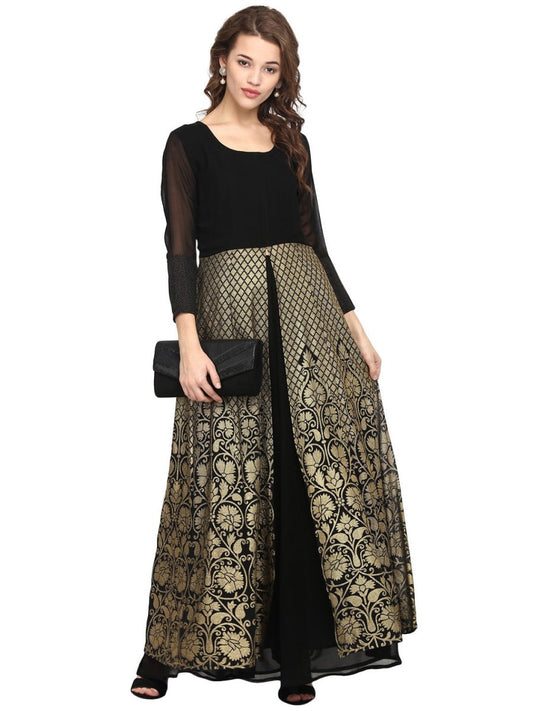 Ahalyaa Women Black & Golden Foil Print A-Line Kurta | Swadesiicart