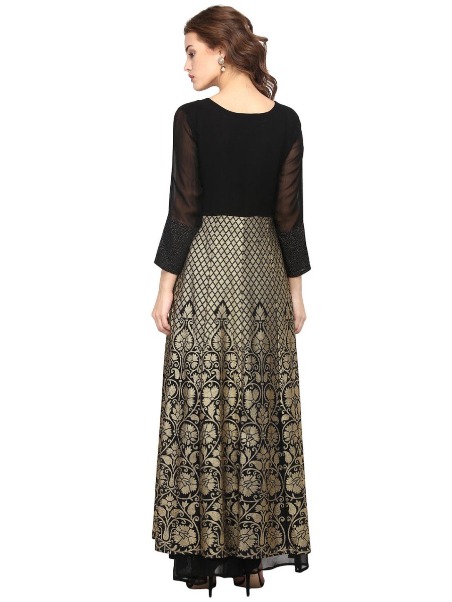 Ahalyaa Women Black & Golden Foil Print A-Line Kurta | Swadesiicart