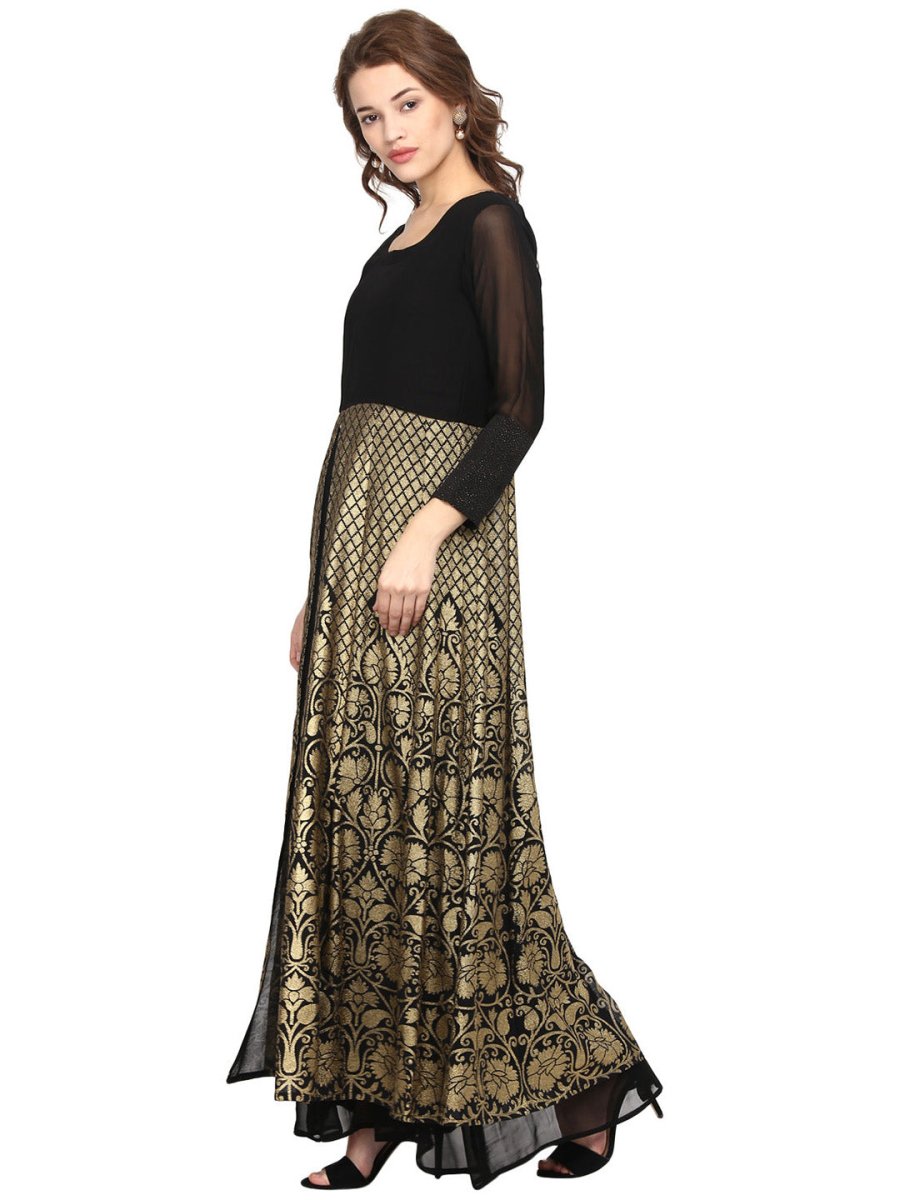 Ahalyaa Women Black & Golden Foil Print A-Line Kurta | Swadesiicart
