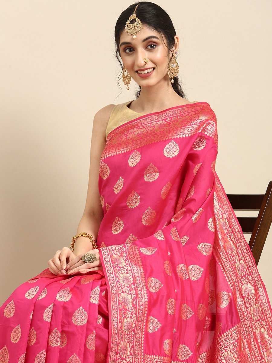 Anouk Pink & Gold-Coloured Woven Design Pure Silk Heavy Work Banarasi Saree | Swadesiicart
