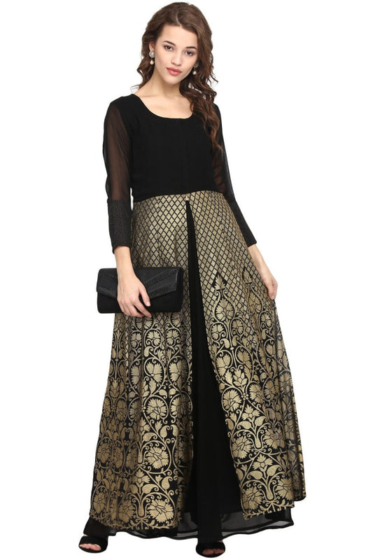 Ahalyaa Black & Golden Foil Print A-Line Kurta For Women | Swadesiicart