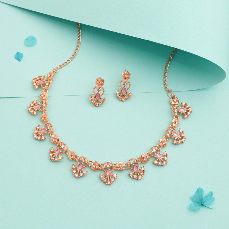 Tehzeeb Creations Gold-Polished Lavender Colour Necklace With Earrings - Swadesiicart