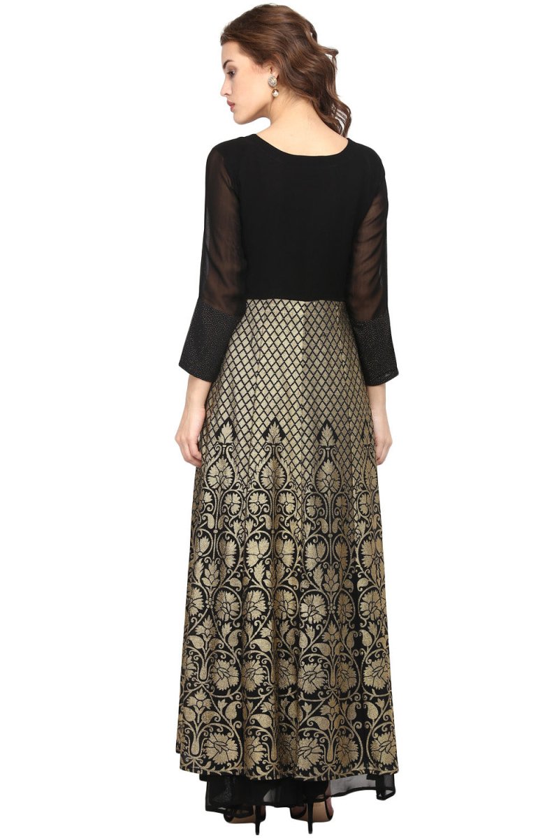 Ahalyaa Black & Golden Foil Print A-Line Kurta For Women | Swadesiicart