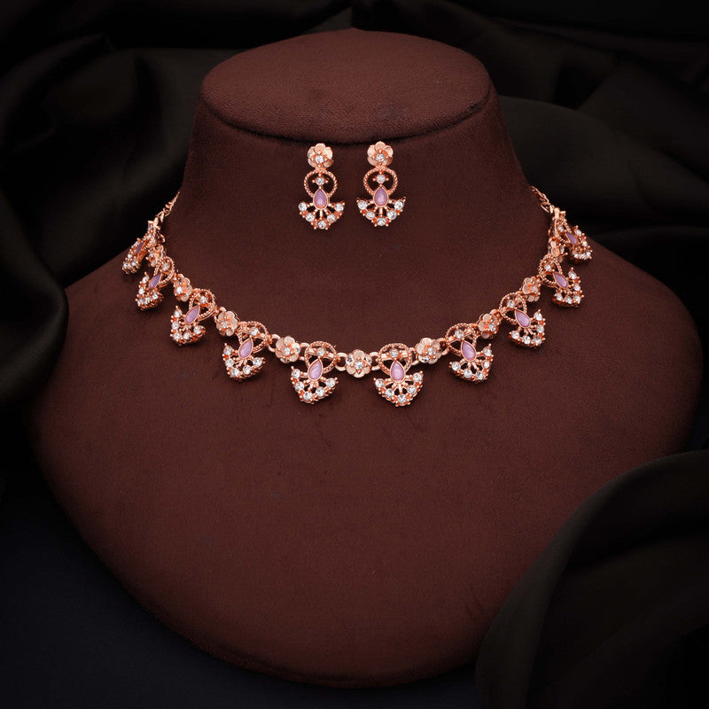 Tehzeeb Creations Gold-Polished Lavender Colour Necklace With Earrings - Swadesiicart