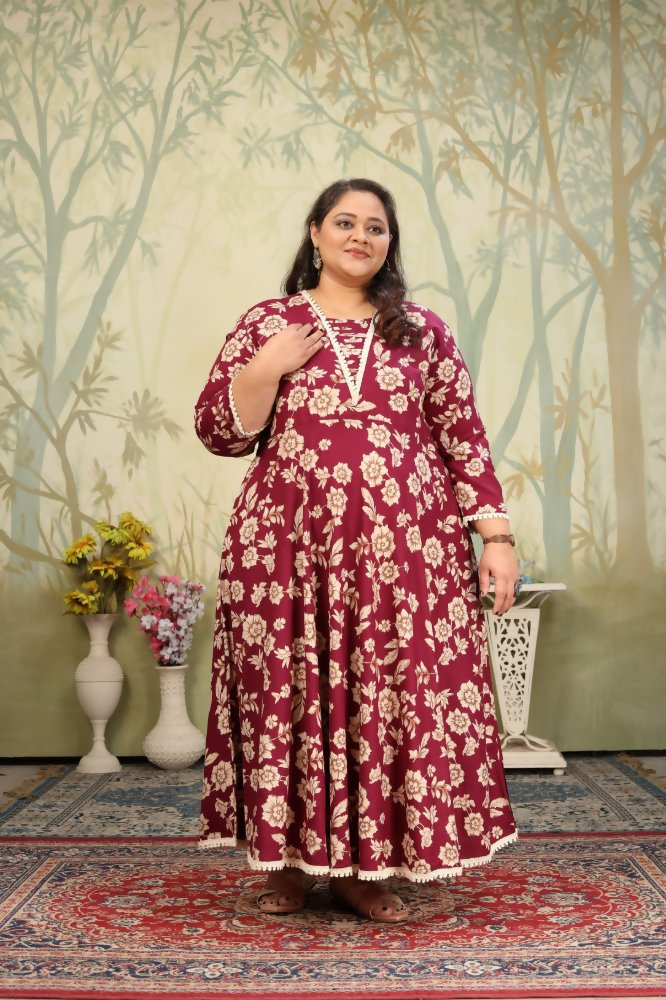 Jyoti Fashion Women's Wine Rayon Floral Print with Sequins Designer Anarkali Set | Swadesiicart